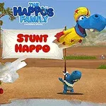 Un hipopótamo vestido de superhéroe volando sobre un cañón con otros hipopótamos en un entorno natural y un cartel que dice Stunt Happo