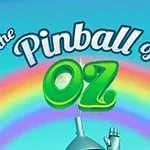 Portada con las palabras The Pinball of Oz sobre un fondo de arcoíris y el brazo levantado de un hombre de hojalata