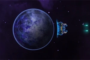 Nave espacial azul flotando cerca de un planeta con superficie texturizada en el espacio exterior