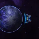 Nave espacial azul flotando cerca de un planeta con superficie texturizada en el espacio exterior