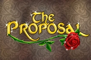 Texto dorado que dice The Proposal con una rosa roja enredada sobre fondo ornamentado