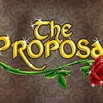 Texto dorado que dice The Proposal con una rosa roja enredada sobre fondo ornamentado