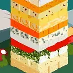 Un ratón sacando una pieza de una torre de bloques de queso de diferentes colores y texturas sobre un plato verde