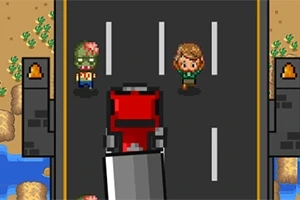 Personajes pixelados en un puente bloqueado por un camión rojo, con un paisaje desértico y agua a los lados