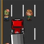 Personajes pixelados en un puente bloqueado por un camión rojo, con un paisaje desértico y agua a los lados