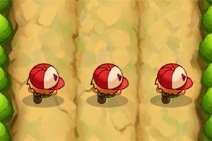Tres personajes pequeños con gorras rojas y blancas caminan en un camino terroso flanqueado por vegetación verde