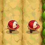 Tres personajes pequeños con gorras rojas y blancas caminan en un camino terroso flanqueado por vegetación verde