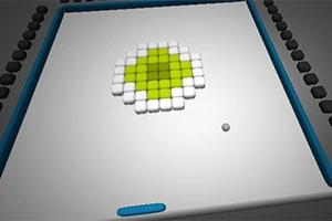 Un tablero con bloques blancos y verdes en el centro, una pequeña esfera y una barra azul en la parte inferior