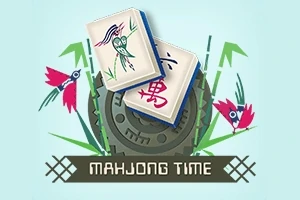 Fichas de juego con ilustraciones coloridas sobre un fondo con engranaje y motivos florales, junto al texto Mahjong Time