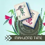 Fichas de juego con ilustraciones coloridas sobre un fondo con engranaje y motivos florales, junto al texto Mahjong Time