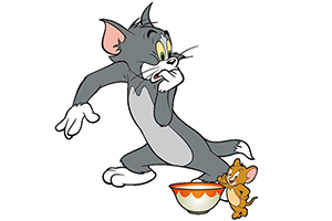 Un gato gris se asusta mientras un ratón pequeño está comiendo de un tazón