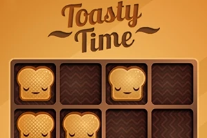 Rebanadas de pan con caritas felices en un tablero de juego con el texto Toasty Time arriba