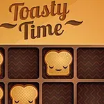 Rebanadas de pan con caritas felices en un tablero de juego con el texto Toasty Time arriba