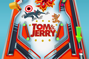 Mesa de pinball colorida con personajes animados persiguiéndose y el texto Tom & Jerry en el centro