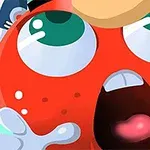 Personaje animado de rostro rojo con expresión de sorpresa y ojos grandes