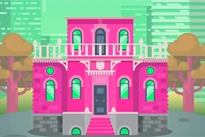 Mansión de estilo caricaturesco en tonos rosas con ventanas verdes, rodeada de árboles y edificios en el fondo