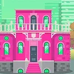 Mansión de estilo caricaturesco en tonos rosas con ventanas verdes, rodeada de árboles y edificios en el fondo