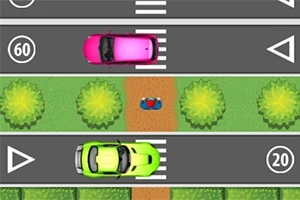 Vista aérea de una carretera con dos carros de colores y un personaje en el centro entre áreas verdes
