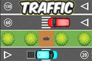 Ilustración de una carretera con automóviles rojo y azul en diferentes carriles, un peatón en un paso de cebra y arbustos a los lados