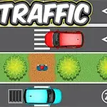 Ilustración de una carretera con automóviles rojo y azul en diferentes carriles, un peatón en un paso de cebra y arbustos a los lados