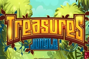 Título Treasures Jungle con un fondo de vegetación tropical y hojas verdes