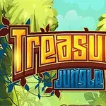 Título Treasures Jungle con un fondo de vegetación tropical y hojas verdes
