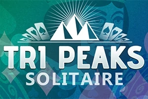 Título de TRI PEAKS SOLITAIRE con ilustración de montañas y cartas de juego