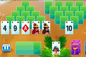 Cartas de baraja en un juego digital con diseño colorido y botones de control en la parte inferior