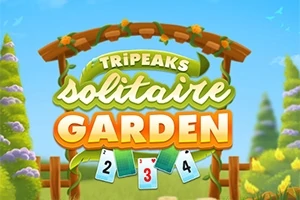 Cartel de madera en un jardín con el texto TriPeaks Solitaire Garden y cartas de juego al frente