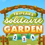 Cartel de madera en un jardín con el texto TriPeaks Solitaire Garden y cartas de juego al frente