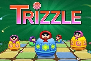 Muñecas rusas coloridas en un tablero bajo un fondo verde con la palabra Trizzle en letras grandes