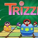 Muñecas rusas coloridas en un tablero bajo un fondo verde con la palabra Trizzle en letras grandes