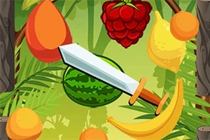Frutas variadas flotando junto a una espada en un entorno de hojas tropicales