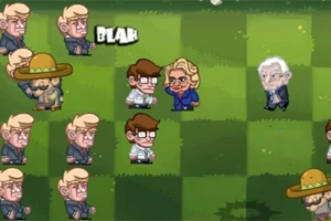 Personajes caricaturescos en un campo de juego cuadriculado, incluyendo figuras con sombreros y expresiones cómicas
