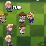 Personajes caricaturescos en un campo de juego cuadriculado, incluyendo figuras con sombreros y expresiones cómicas