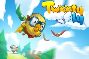 Un pájaro amarillo con gafas y capa volando en un cielo azul con nubes, acompañado de letras grandes y coloridas