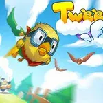 Un pájaro amarillo con gafas y capa volando en un cielo azul con nubes, acompañado de letras grandes y coloridas