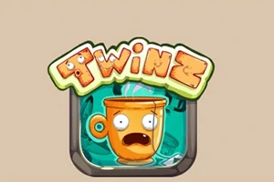 Logotipo con una taza naranja de expresión sorprendida y la palabra Twinz en letras caricaturescas encima