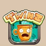 Logotipo con una taza naranja de expresión sorprendida y la palabra Twinz en letras caricaturescas encima
