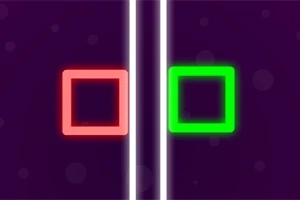 Dos cuadrados, uno rojo y uno verde, separados por líneas blancas verticales sobre un fondo morado