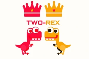 Dos dinosaurios de dibujos animados, uno rojo y uno amarillo, con coronas sobre ellos y el texto TWO-REX