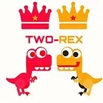 Dos dinosaurios de dibujos animados, uno rojo y uno amarillo, con coronas sobre ellos y el texto TWO-REX