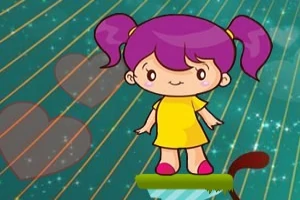 Niña de cabello morado y vestido amarillo de pie sobre una plataforma verde, con un fondo de rayas y corazones