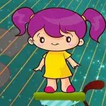Niña de cabello morado y vestido amarillo de pie sobre una plataforma verde, con un fondo de rayas y corazones