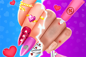 Manicura colorida con uñas decoradas de corazones y joyas, junto a una mano con problemas de piel aplicando crema