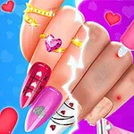 Manicura colorida con uñas decoradas de corazones y joyas, junto a una mano con problemas de piel aplicando crema