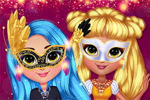Dos personajes con pelucas coloridas y máscaras elegantes posando sobre un fondo rojo brillante