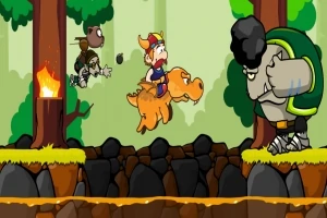Personaje vikingo montando un dinosaurio naranja en un bosque, enfrentándose a un monstruo grande con un brazo vendado