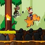 Personaje vikingo montando un dinosaurio naranja en un bosque, enfrentándose a un monstruo grande con un brazo vendado