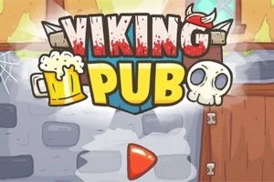 Logotipo colorido con un tarro de cerveza, una calavera y el texto Viking Pub sobre un fondo de taberna